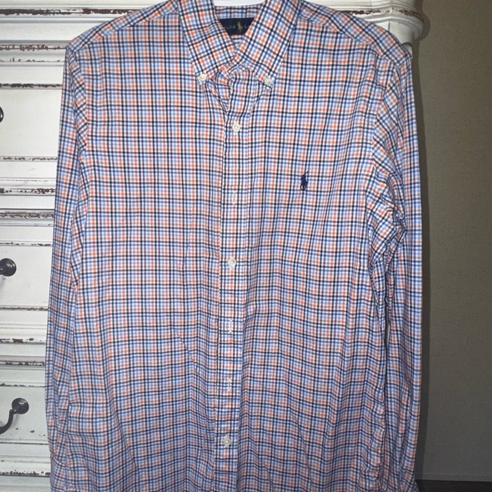 Men's Blue and Orange Checkered Shirt